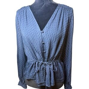Frame Denim | Blue Textured Silk Blend V-Neck Peplum Blouse | Sz S